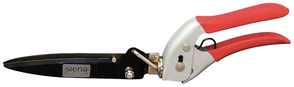 Gartenschere mit rotem Griff und schwarzer Klinge, seitlich abgebildet. Geeignet für präzise Schneidarbeiten im Garten.