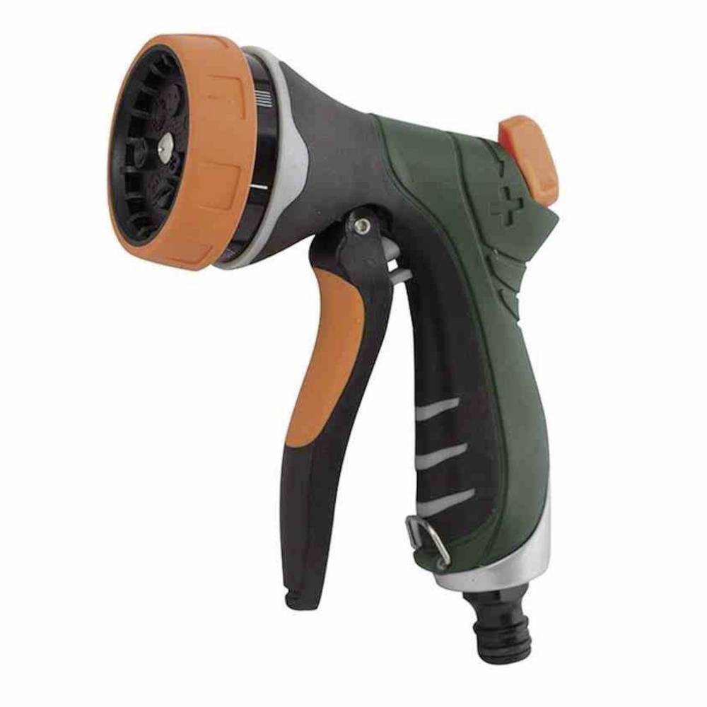 Gartenbrause mit ergonomischem Griff, schwarz-grün-orange gefärbt, zeigt verschiedene Einstellmöglichkeiten auf der Vorderseite.