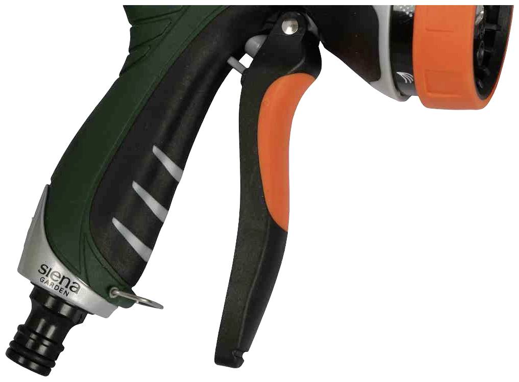Nahaufnahme eines Gartenschlauchsprühkopfs mit ergonomischem Griff und schwarzem Auslöser. Markenname 'sigma garden' erkennbar.