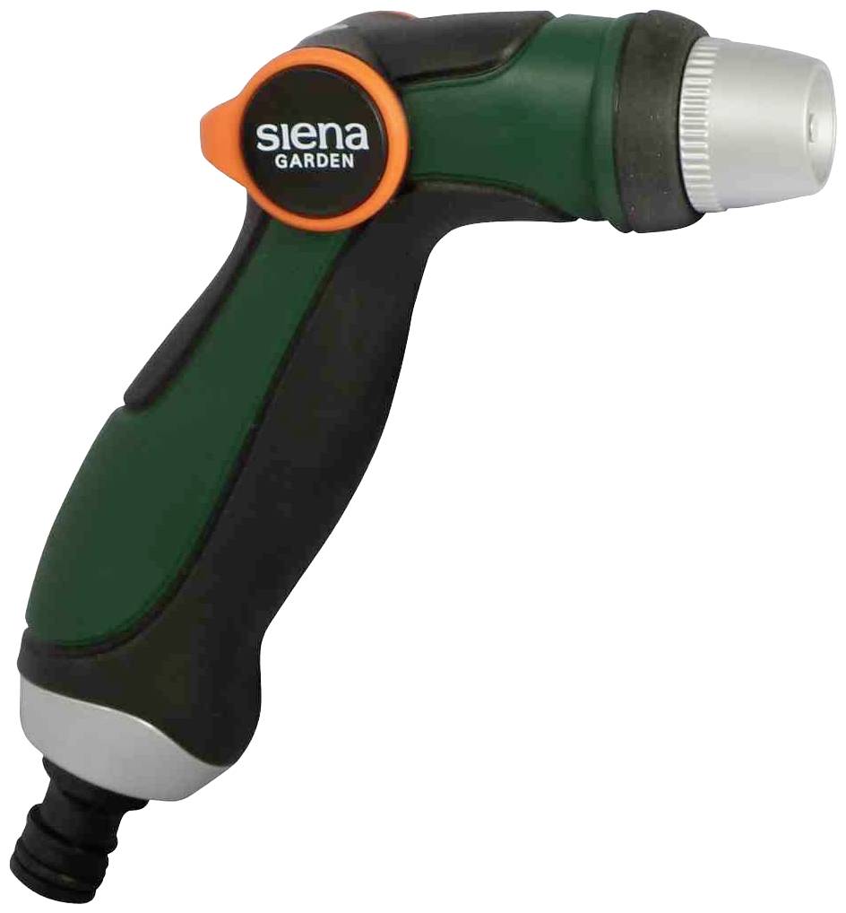 Grüner Gartenschlauch-Sprühkopf mit ergonomischem Griff, Marke 'Siena Garden'. Geeignet zum Gießen von Pflanzen und Rasen.