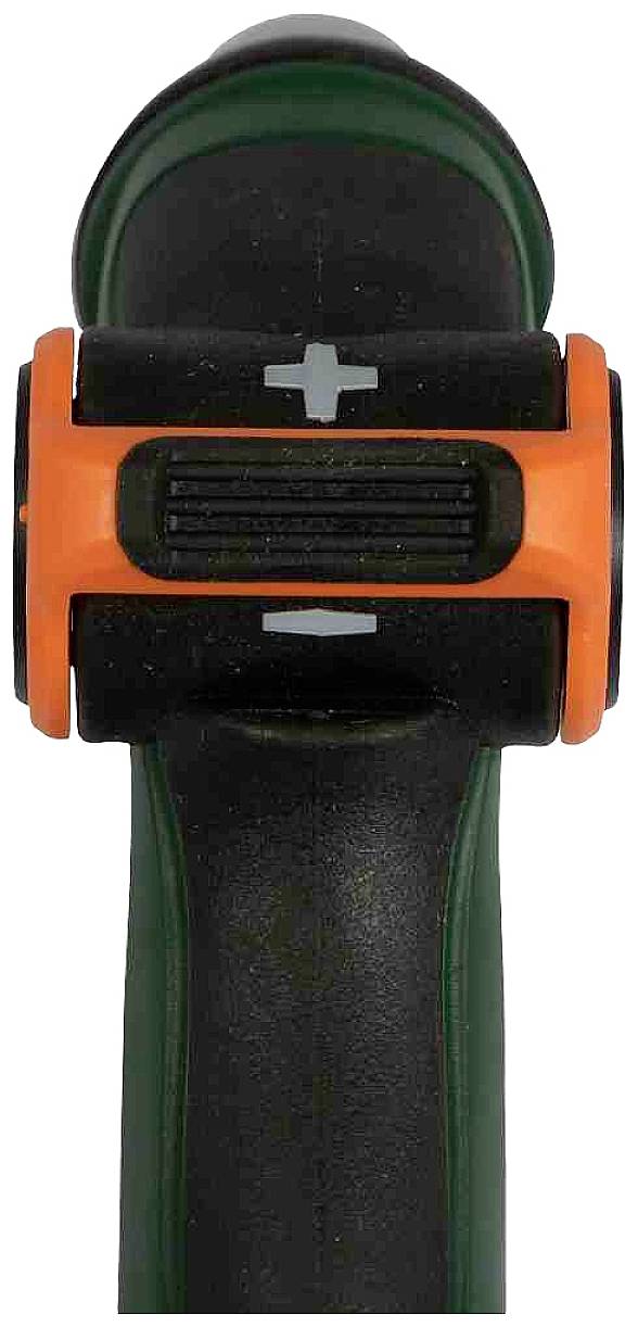 Eine schwarze Kunststoffhalterung mit orangenem Clip und Plus-Minus-Symbolen an der Seite, möglicherweise zur Einstellung oder Befestigung.