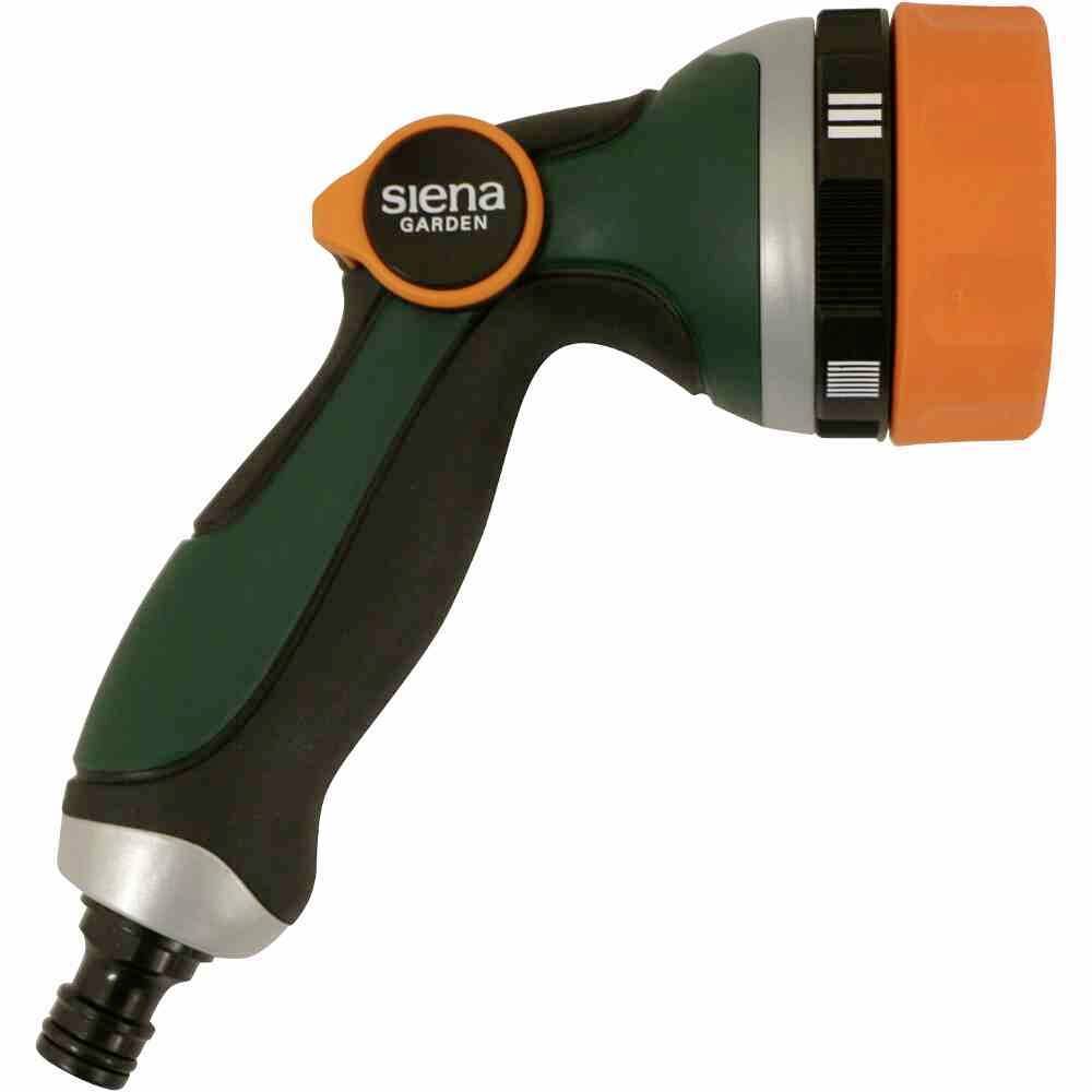 Gartensprühdüse mit schwarzem und grünem Griff, orangefarbener Düse; verwendet zum Bewässern von Pflanzen. Markenname 'Siena Garden'.