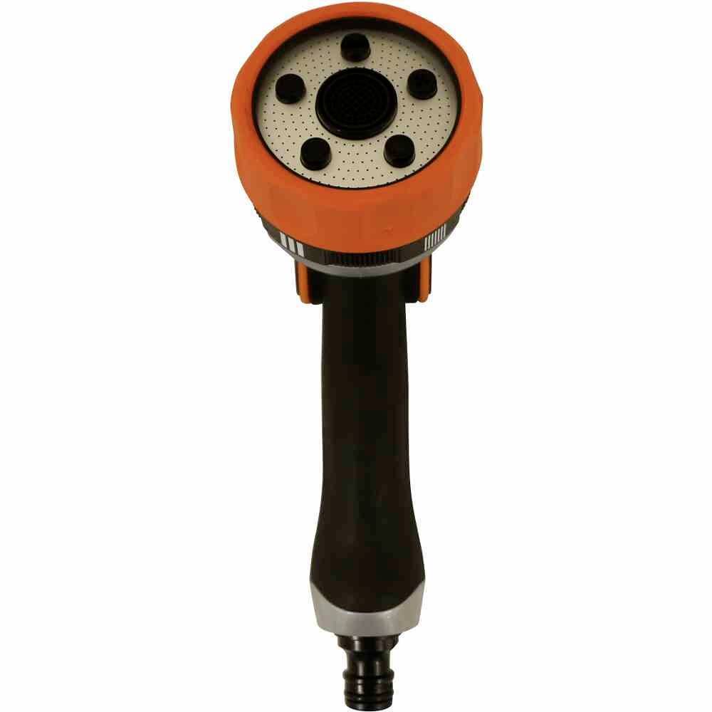 Handbrause mit schwarzem Griff und orangefarbenem Kopf, geeignet für den Garten oder Haushalt, zeigt mehrere Sprühdüsen.