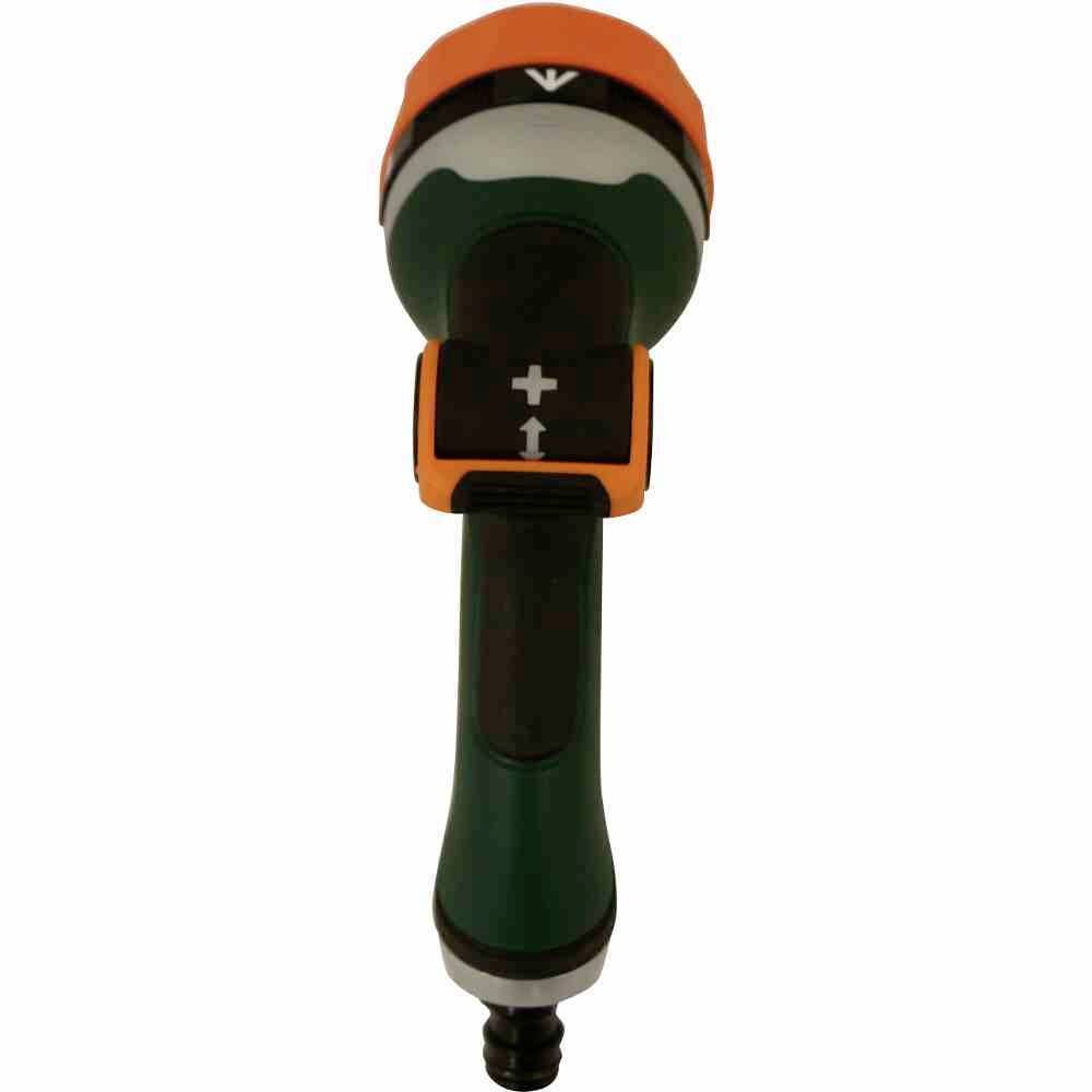 Gartenbrause mit grünem Griff und orangenem Kopf, Symbol für Wasserflussregulierung und verstellbarem Sprühkopf.