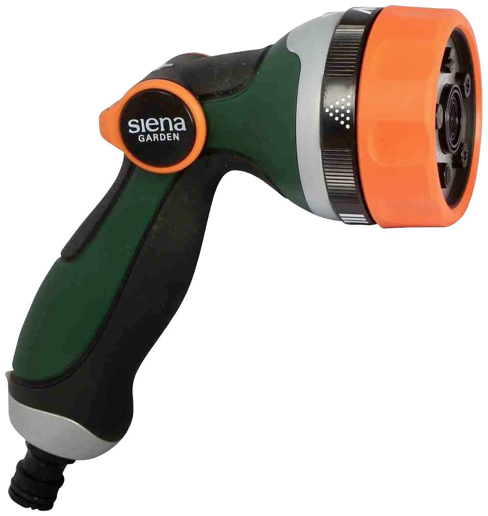 Grüner Gartenschlauch-Sprühkopf mit schwarzem Griff und orangem Einstellrad. Markenname 'Siena Garden' auf schwarzem Knopf.