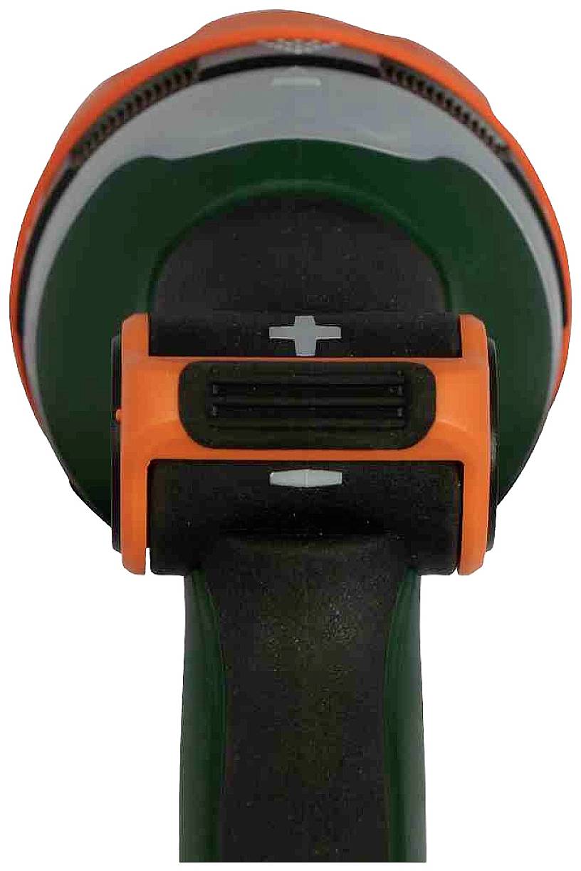 Blick frontal auf einen Bohrerschalter mit einem Plus- und Minuszeichen zur Einstellung der Geschwindigkeit.