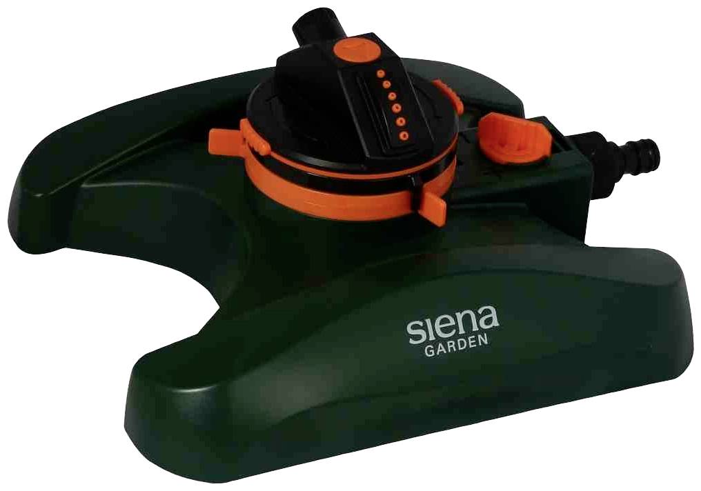 Ein Rasensprenger in dunklem Grün und Orange mit der Aufschrift 'Siena Garden' auf der Basis, geeignet zur Bewässerung von Gärten.