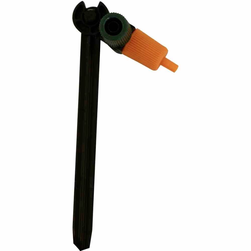 Eine Tropfbewässerungsdüse mit schwarzem Stiel und orangefarbenem Einstellrad, zum Regulieren des Wasserflusses in einem Gartensystem.