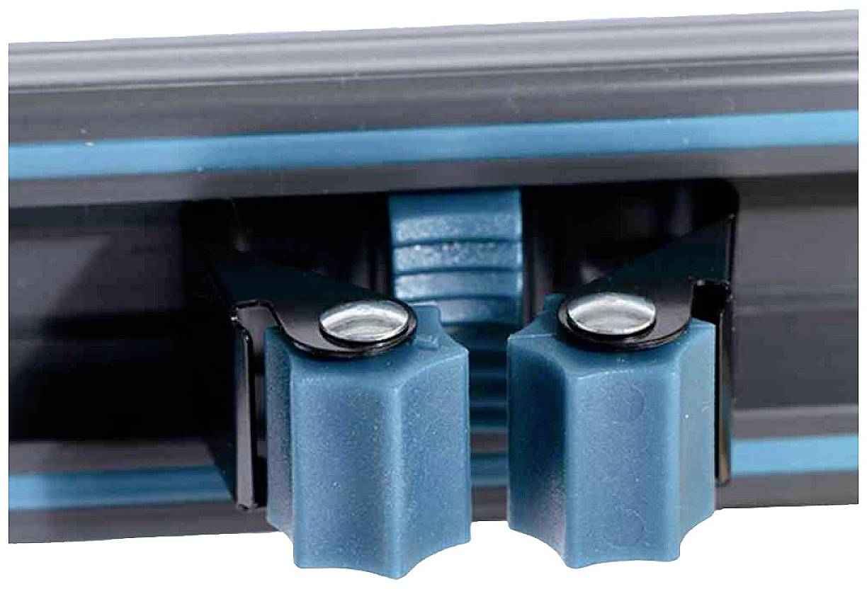 Nahaufnahme eines blauen Schiebemechanismus in einer Schiene, der Teil eines Werkzeugs oder Befestigungssystems sein könnte.