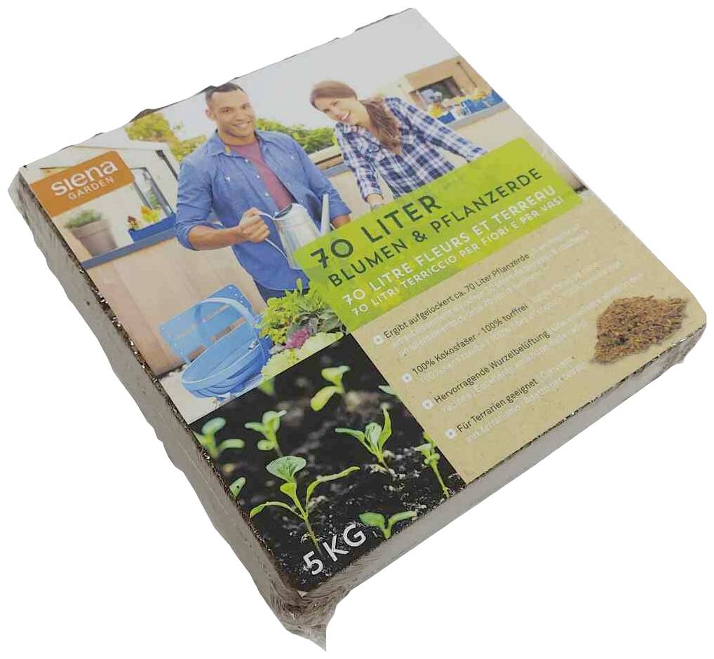 Packung mit 5 kg Blumenerde mit Bild von zwei Personen, die Erde in Blumentöpfe füllen. Aufschrift: '70 Liter Blumen- & Pflanzerde'.