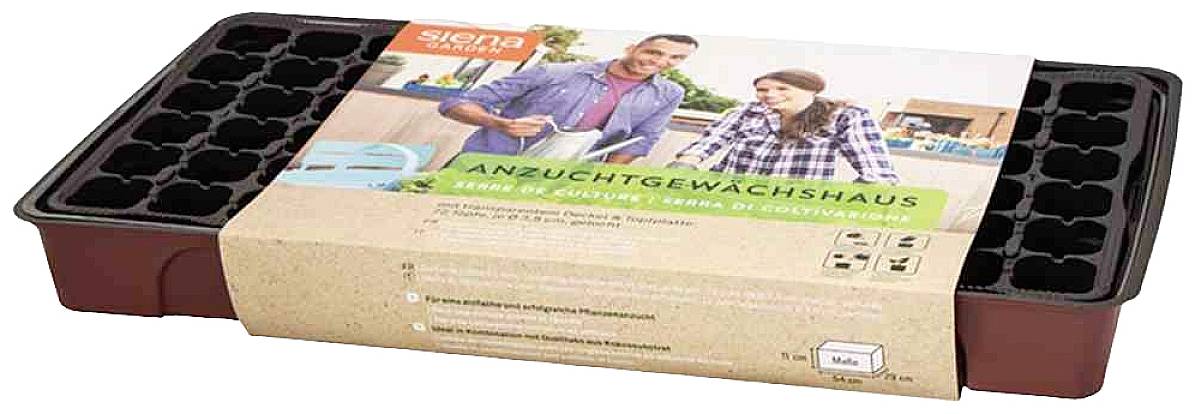 Plastikschale mit Deckel und 24 Pflanzentöpfchen, verpackt; Bild zeigt lächelnde Personen beim Pflanzen. Produktname: 'Anzuchtgewächshaus'.