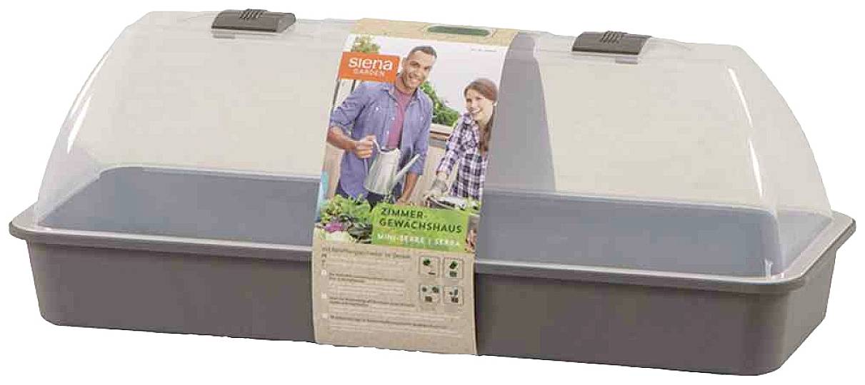 Zimmergewächshaus mit zwei Belüftungsklappen auf dem Deckel. Verpackung zeigt Bild von zwei Personen beim Pflanzen. Ideal für Anzucht.