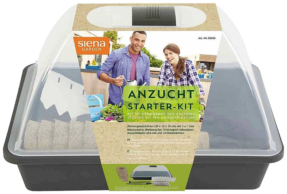 Pflanzkasten mit transparenter Abdeckung, auf Verpackung als 'Anzucht Starter-Kit' beschrieben, enthält Töpfe und Zubehör für Pflanzenzucht.