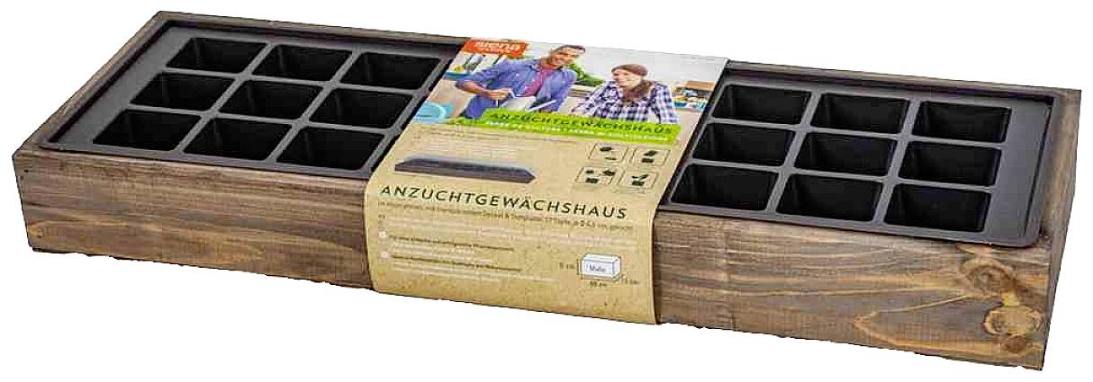 'Anzuchtgewächshaus' aus Holz mit zwei Tabletts und je acht Pflanztöpfen. Verpackung zeigt Bild von zwei Menschen beim Pflanzen.