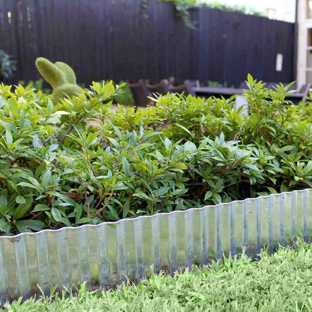 Ein kleiner, gepflegter Garten mit grünen Sträuchern und Rasen, umgeben von einem Wellblechrand, im Hintergrund stehen Gartenmöbel.