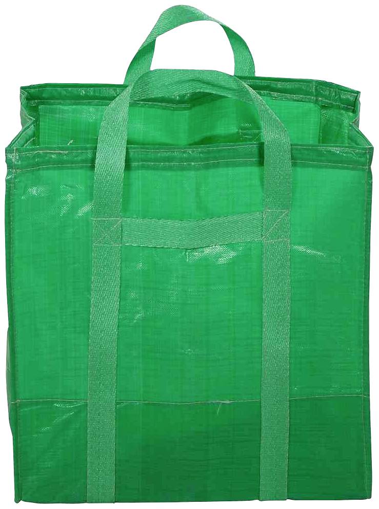 Grüne, wiederverwendbare Einkaufstasche aus festem Material, mit zwei langen Henkeln und einer kurzen Schlaufe, aufrecht stehend.