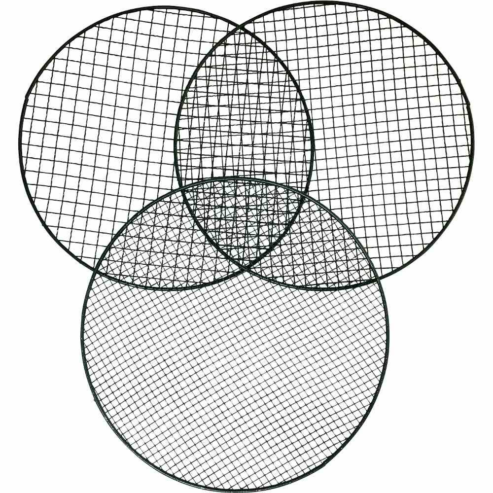 Drei überlappende kreisförmige Metallgitter.