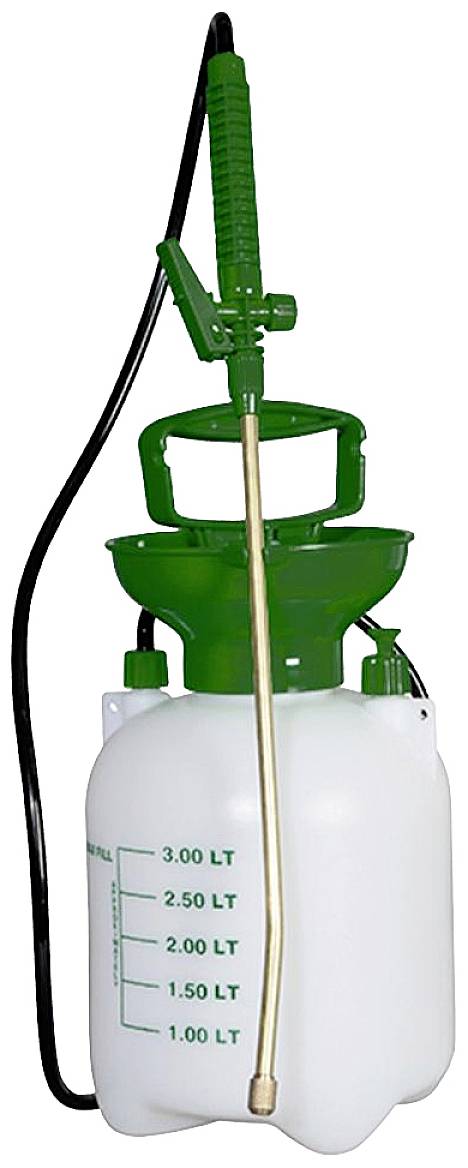 Pumpsprüher aus Kunststoff mit grünem Griff und Skala bis 3 Liter, geeignet für das gleichmäßige Auftragen von Flüssigkeiten.