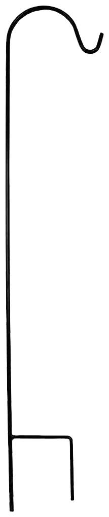 Ein schwarzer Metallstab mit Haken oben, geeignet zum Aufhängen von Laternen oder Pflanzgefäßen.