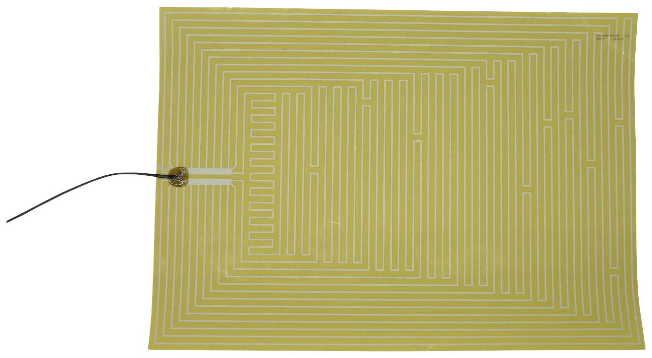 Eine flexible Heizfolie mit spiralförmigem Muster und einem angeschlossenen Kabel auf einer rechteckigen Fläche.