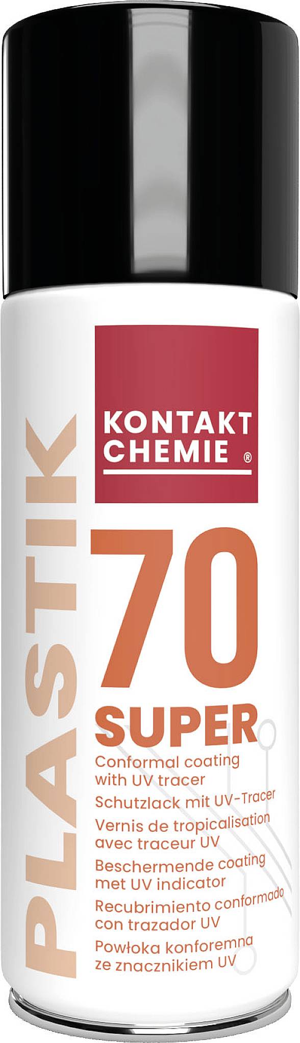 'PLASTIK 70 SUPER' Spraydose von Kontakt Chemie. Schutzlack mit UV-Tracer für elektronische Bauteile.