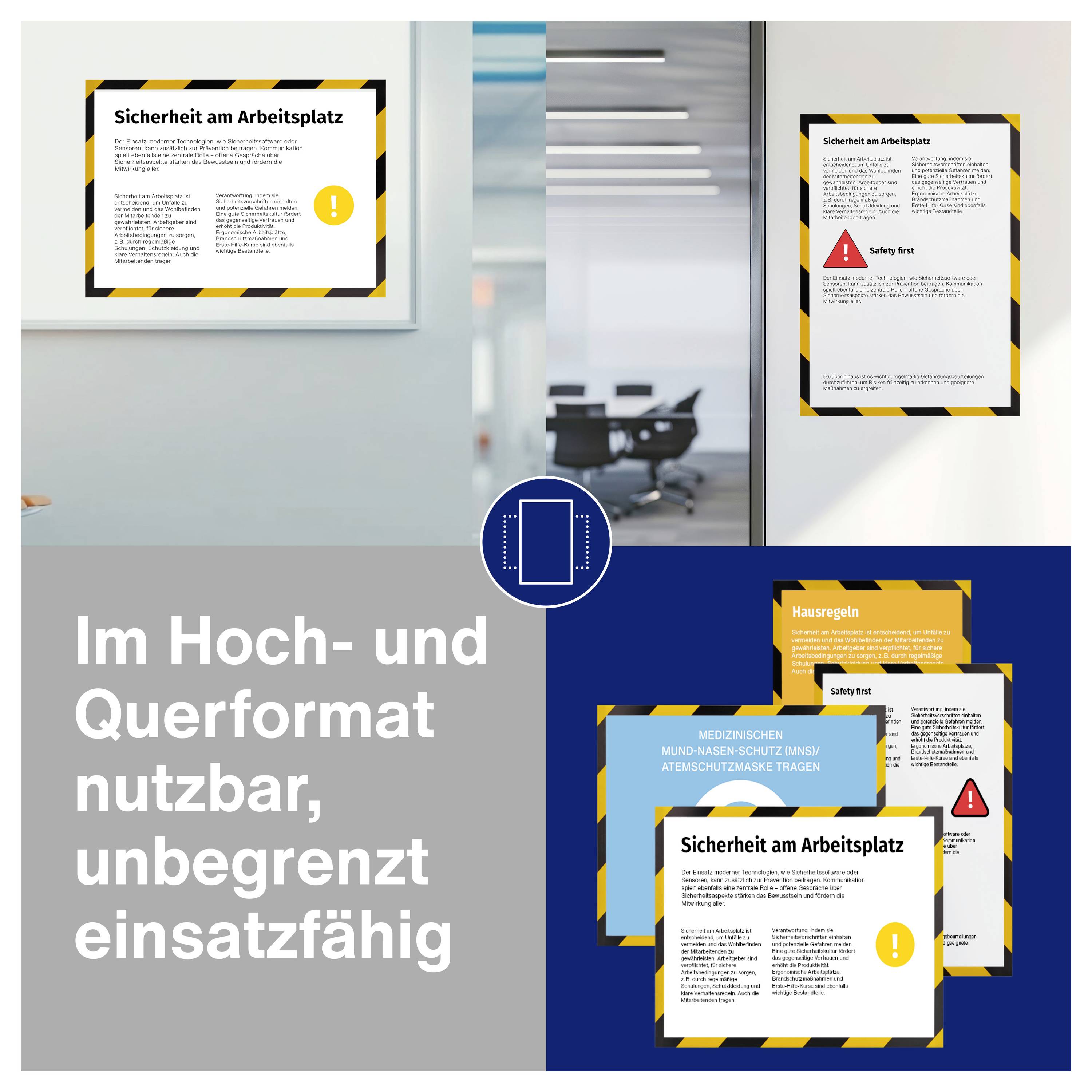 Plakat mit Sicherheitsanweisungen am Arbeitsplatz, zeigt 'Sicherheit am Arbeitsplatz' in schwarzen und roten Buchstaben, umgeben von gelb-schwarzem Warnmuster.