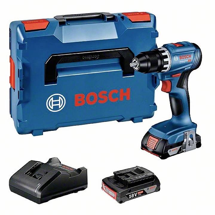 Akkuschrauber-Set mit blauer Transportkiste, Akkuschrauber, Ladegerät und 18V Akku von Bosch. Ideal für Heimwerkerarbeiten.