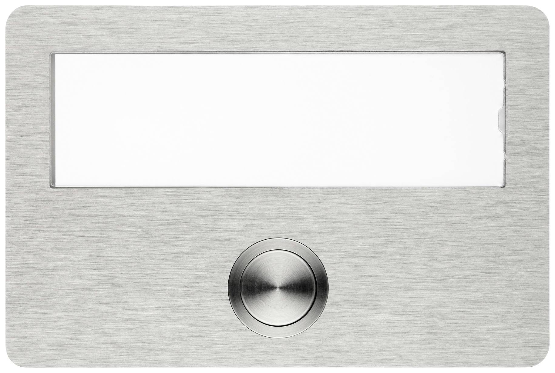 Silberne Klingelplatte mit rundem metallischem Klingelknopf und leerem Namensschild.