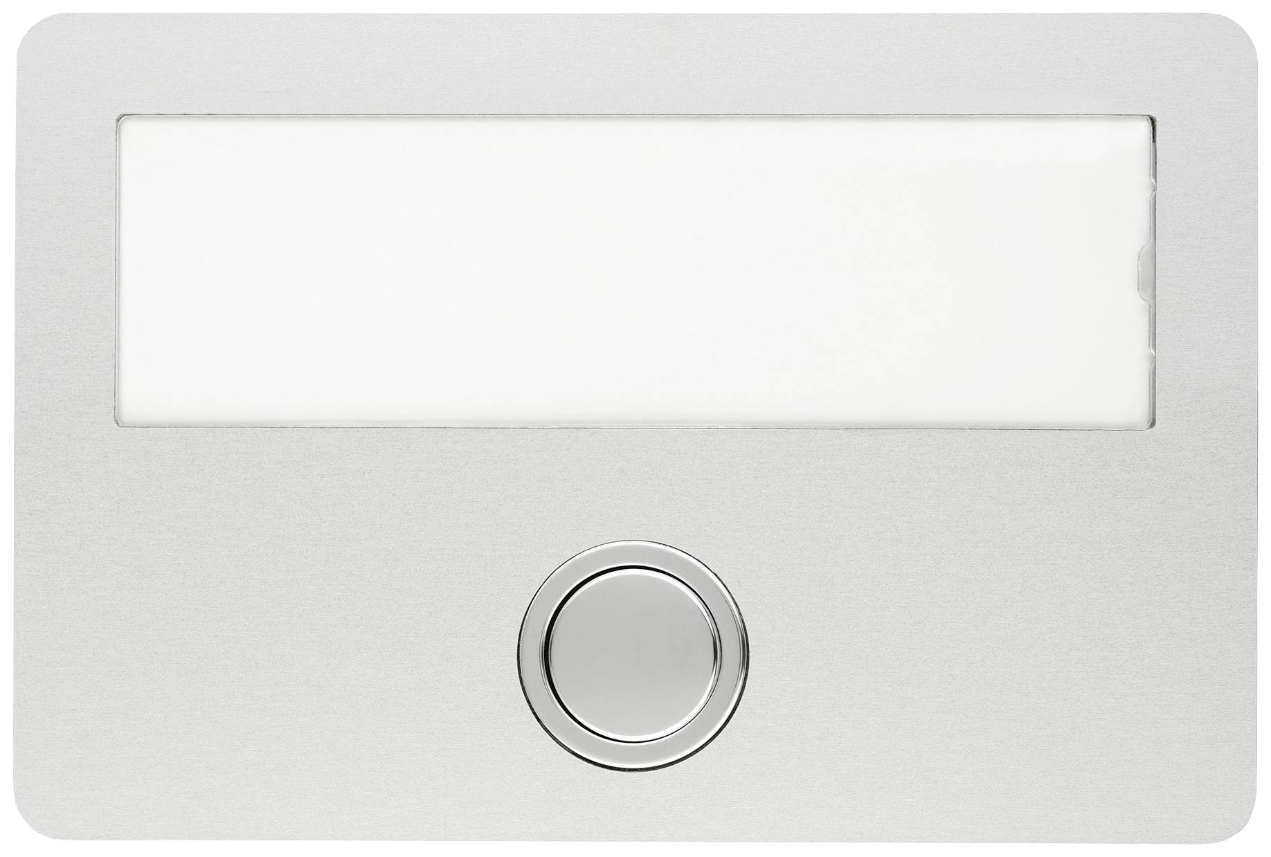 Ein rechteckiger Edelstahl-Türschild mit leerem Namensfeld und rundem Druckknopf in der unteren Mitte.