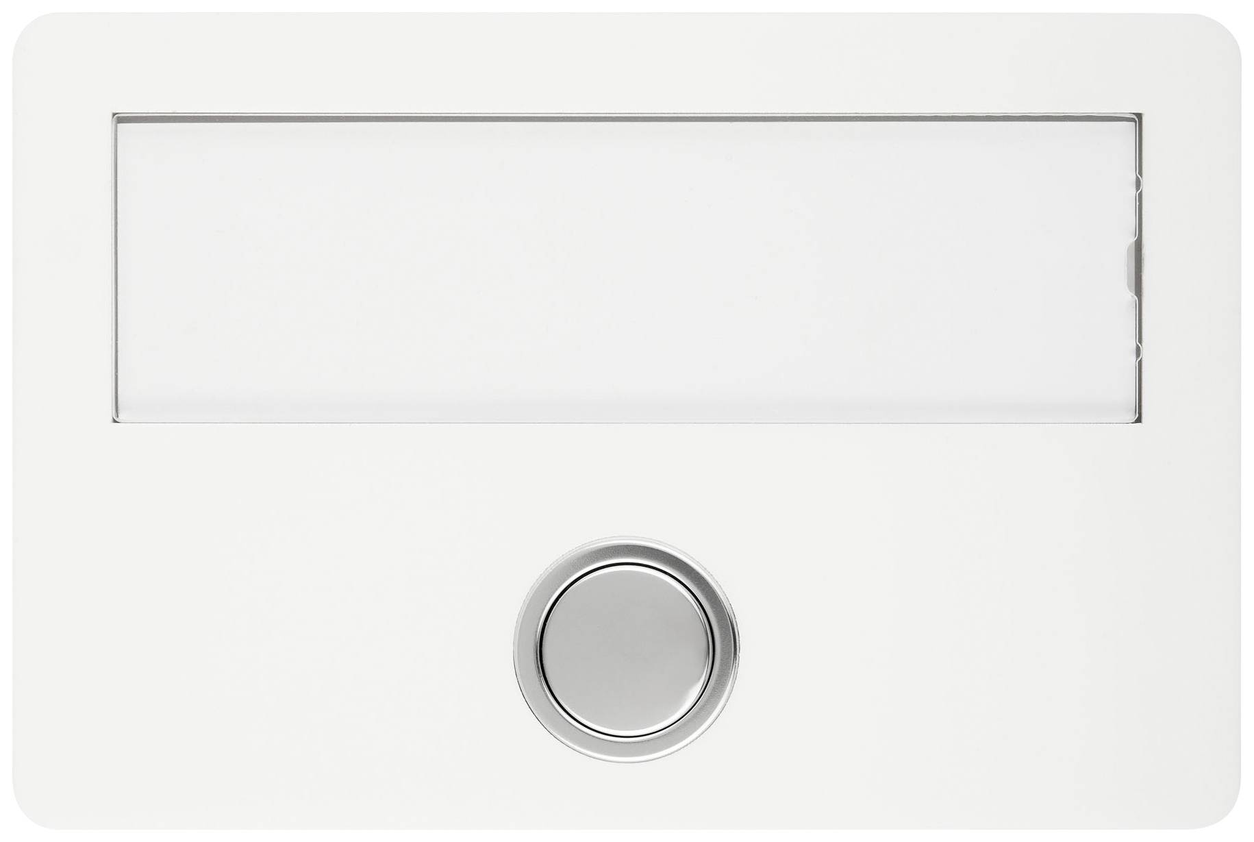 Briefkasten mit silbernem Klingelknopf unter einem rechteckigen Namensschild.