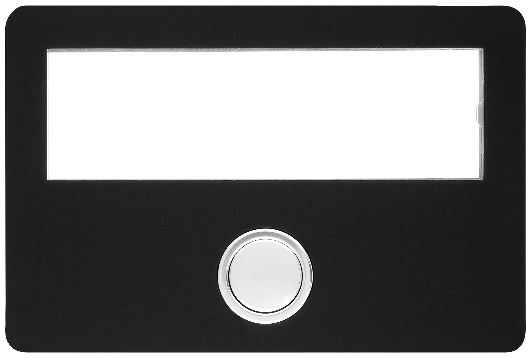 Schwarze Namensschildhalterung mit großem rechteckigem Fenster und runder Klingel unten, geeignet für Außentüren.