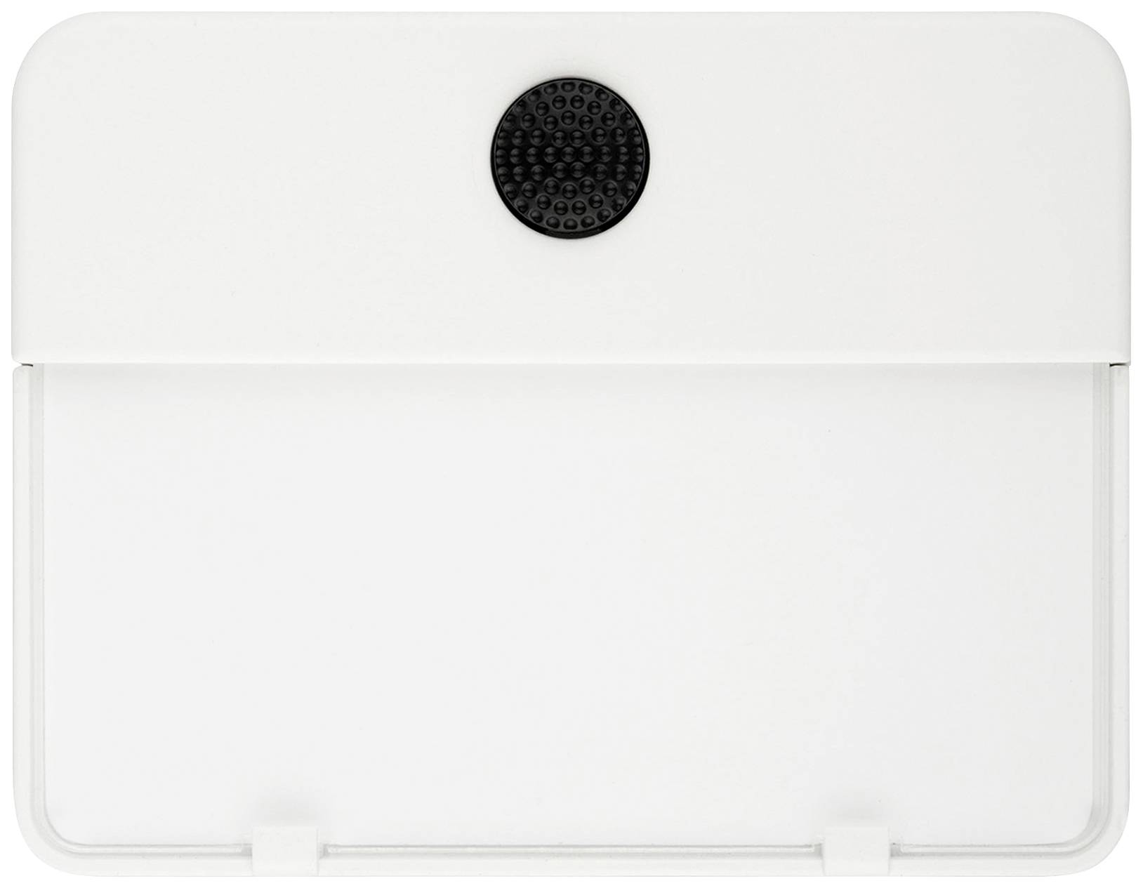 Weiße Kunststoffoberfläche mit einem zentralen, runden, strukturierten schwarzen Punkt oben.