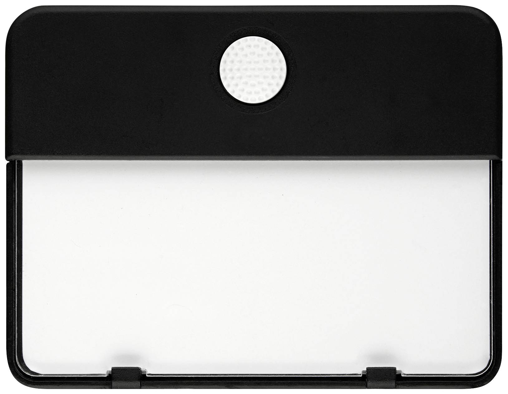 Eine schwarze rechteckige LED-Leuchte mit weißem Rundlicht in der Mitte und einem großen diffusen Lichtbereich darunter.