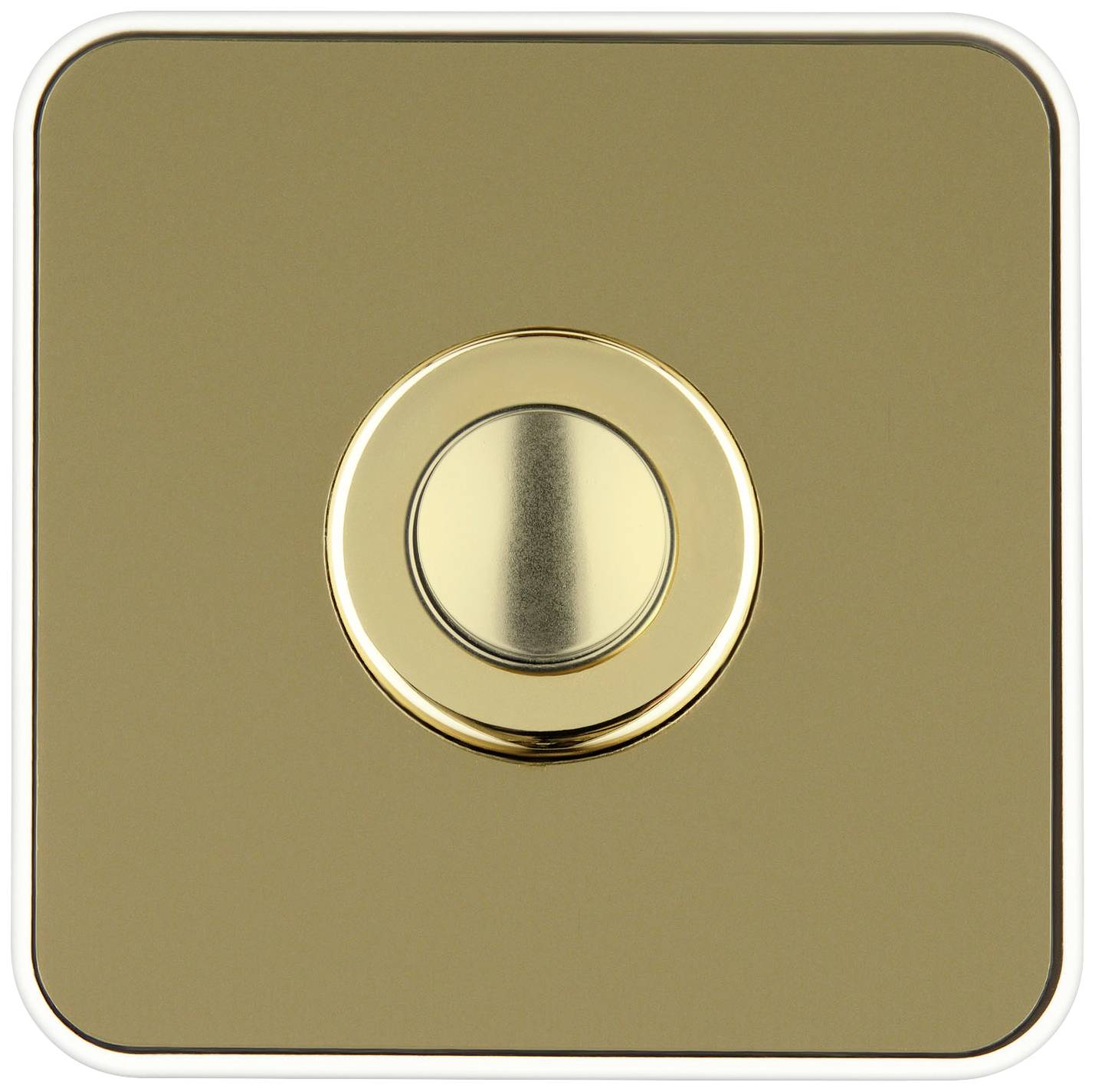 Ein quadratischer, goldfarbener Druckknopf mit kreisförmigem Mittelpunkt, möglicherweise ein Klingelknopf.