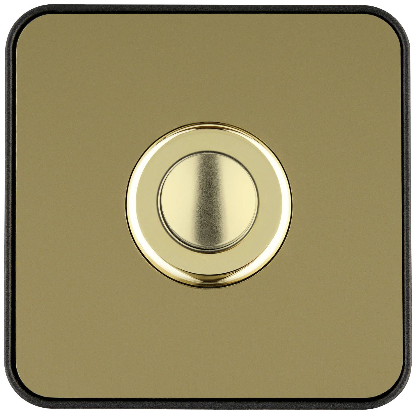 Quadratischer, goldfarbener Wandschalter mit kreisförmigem Knopf in der Mitte, vor neutralem Hintergrund.