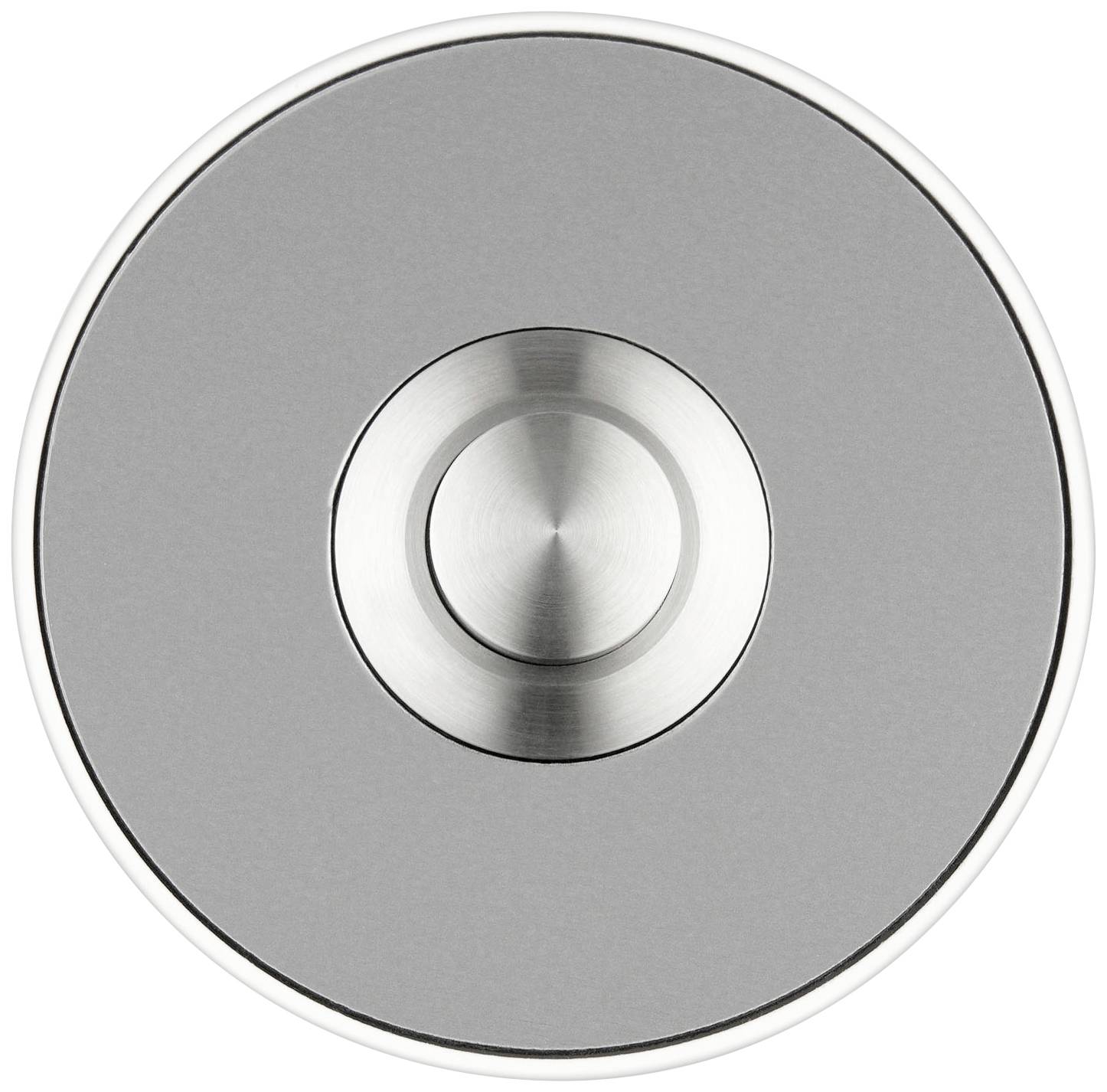 Runder, metallischer Druckknopf in der Mitte einer grauen, kreisförmigen Oberfläche.