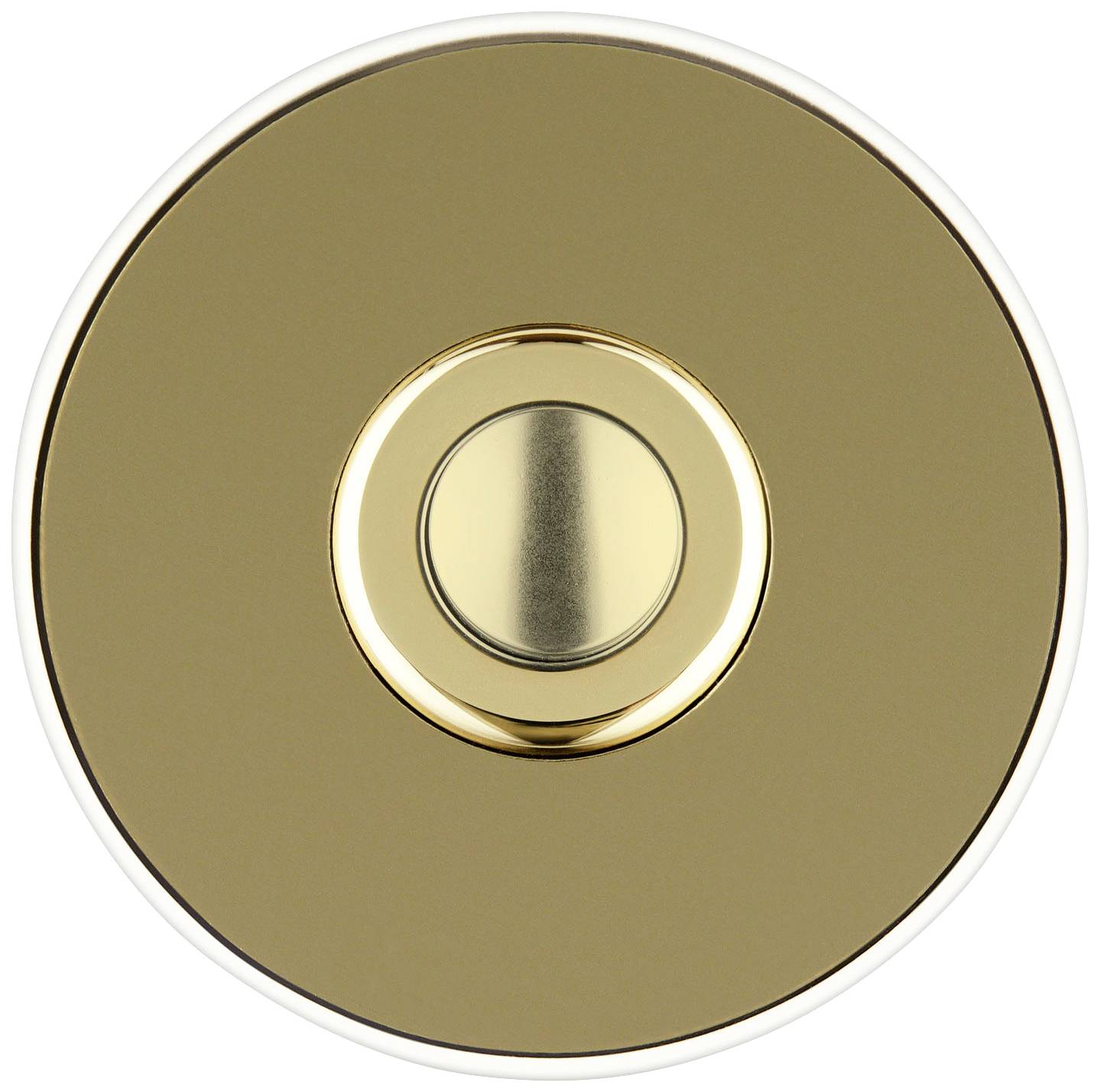 Ein runder, goldener Knopf in der Mitte eines flachen, goldenen Kreises.