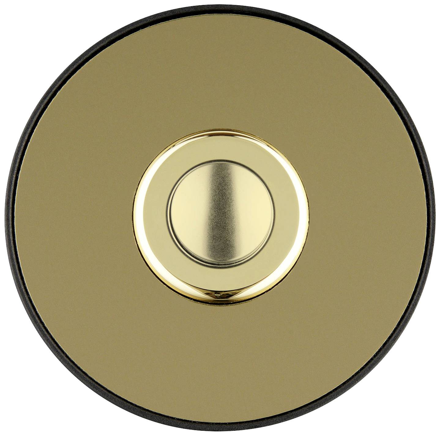 Runder, goldener Türknopf mit zentralem Knopf, vor hellem Hintergrund.