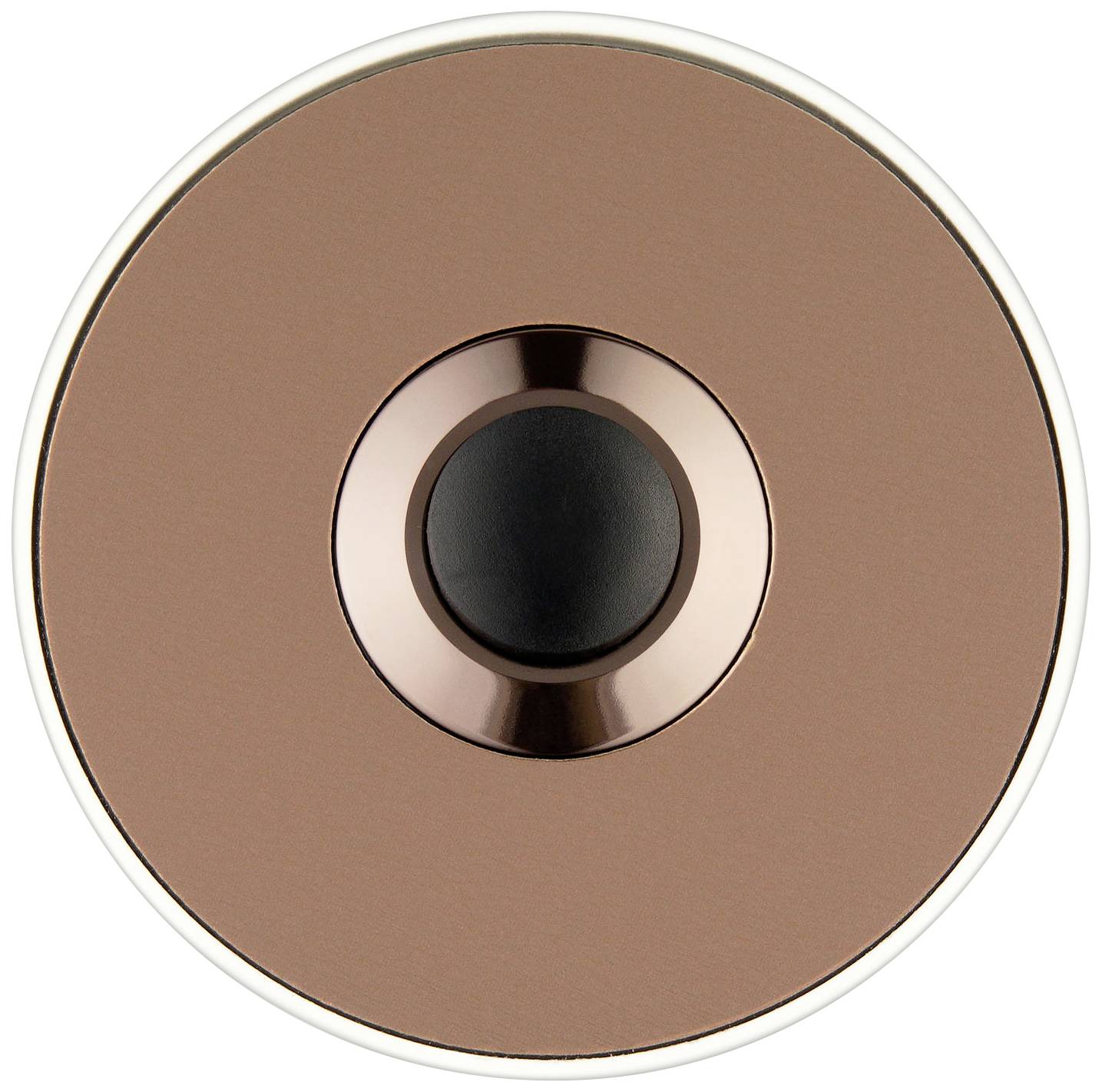 Runder, kupferfarbener Knopf mit schwarzem Zentrum und schmalem silbernem Rand.