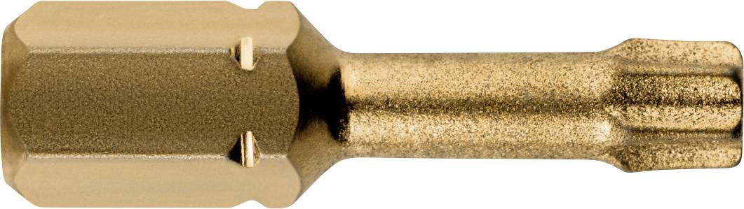 Nahaufnahme eines goldfarbenen Torx-Schraubendreher-Bits mit sechskantiger Schaftform, horizontal auf weißem Hintergrund dargestellt.