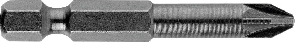 Ein Metallschraubendreher-Bit mit Phillips-Kopf und sechskantiger Schaft, horizontal auf weißem Hintergrund dargestellt.