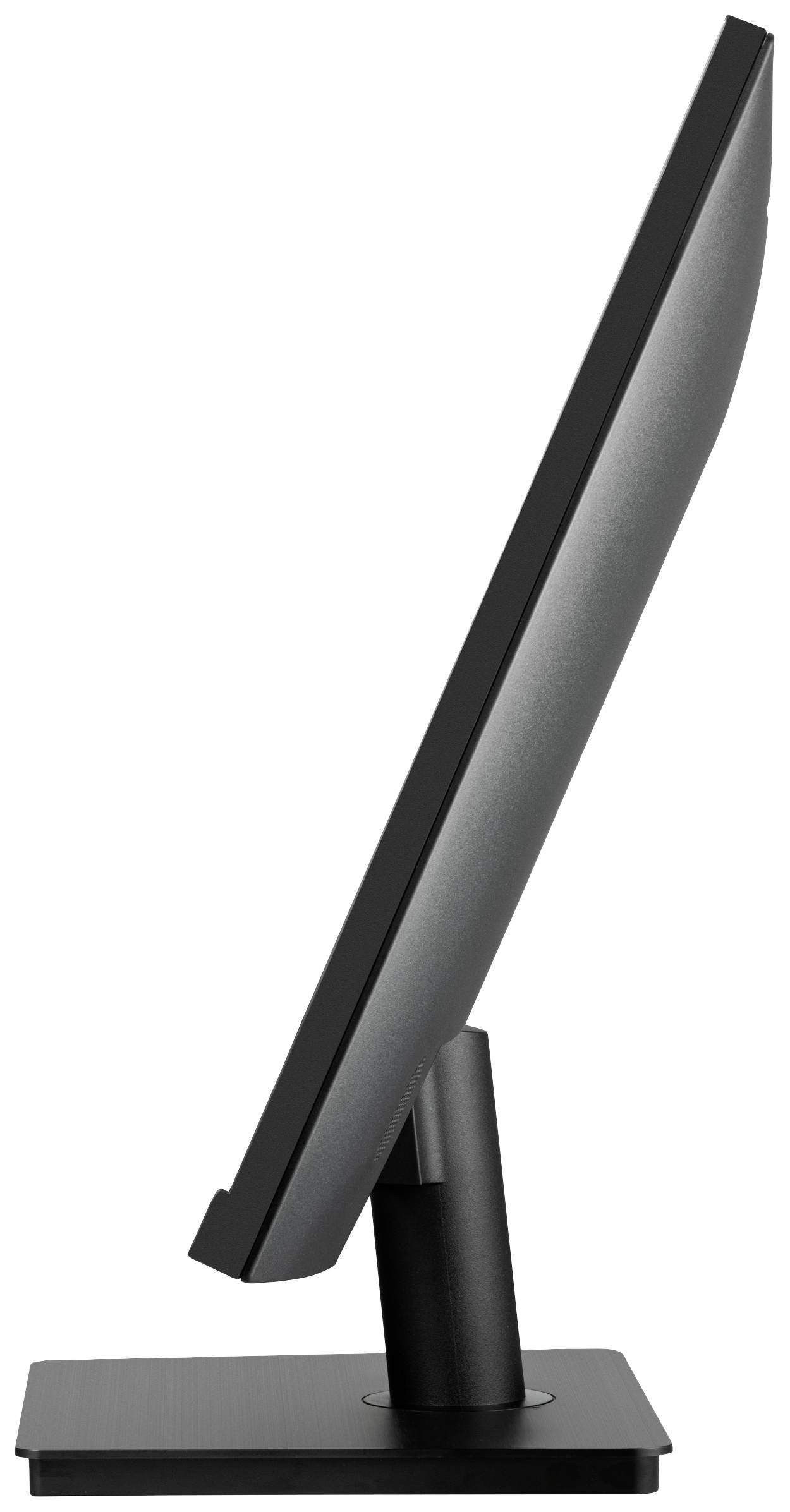 Ein schwarzer Computermonitor aus seitlicher Perspektive, stehend auf einem rechteckigen Sockel mit schlankem, modernem Design.