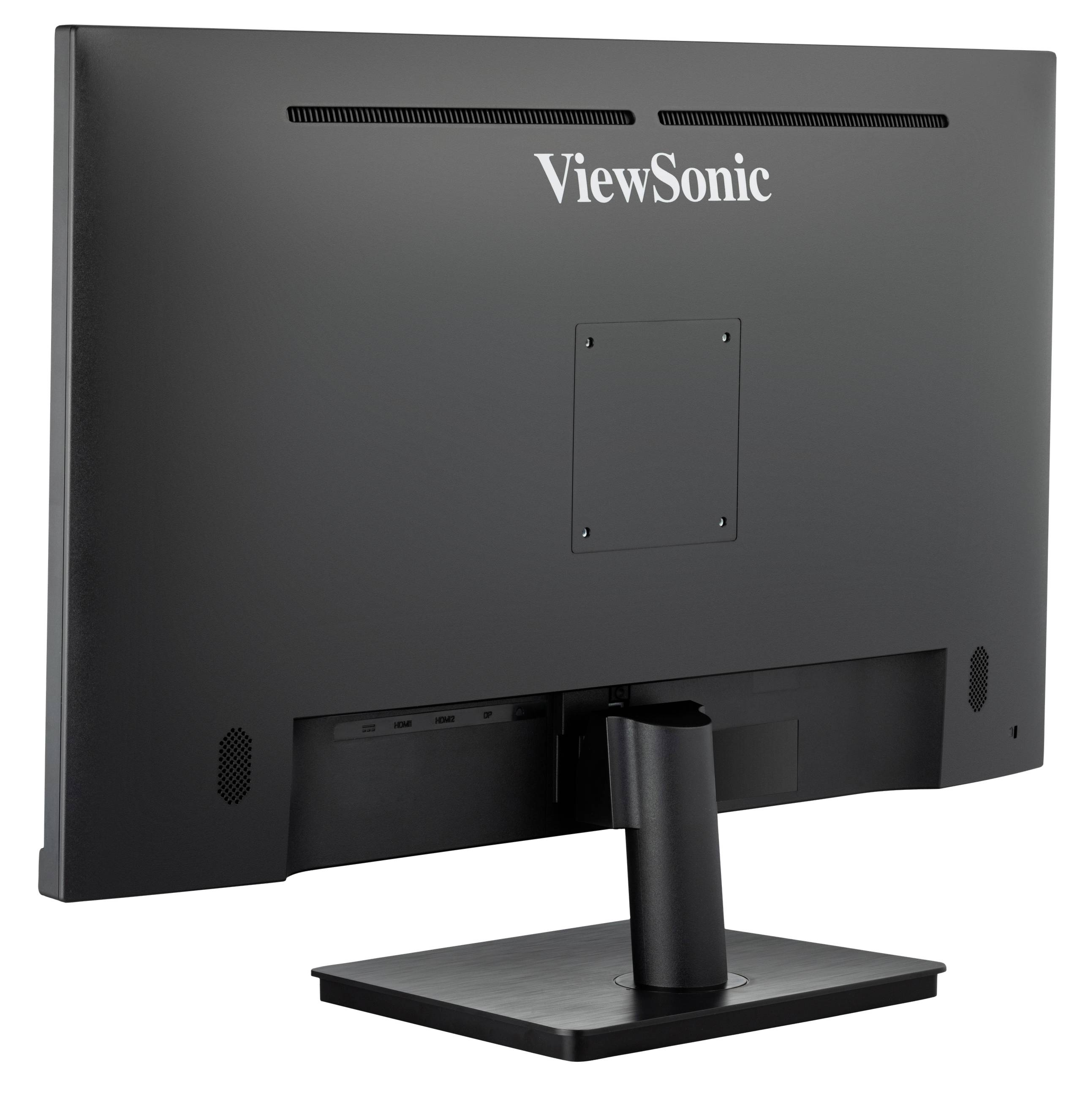 Rückansicht eines ViewSonic-Monitors. Der Standfuß ist zentriert angebracht. Die Marke 'ViewSonic' ist oben auf der Rückseite sichtbar.