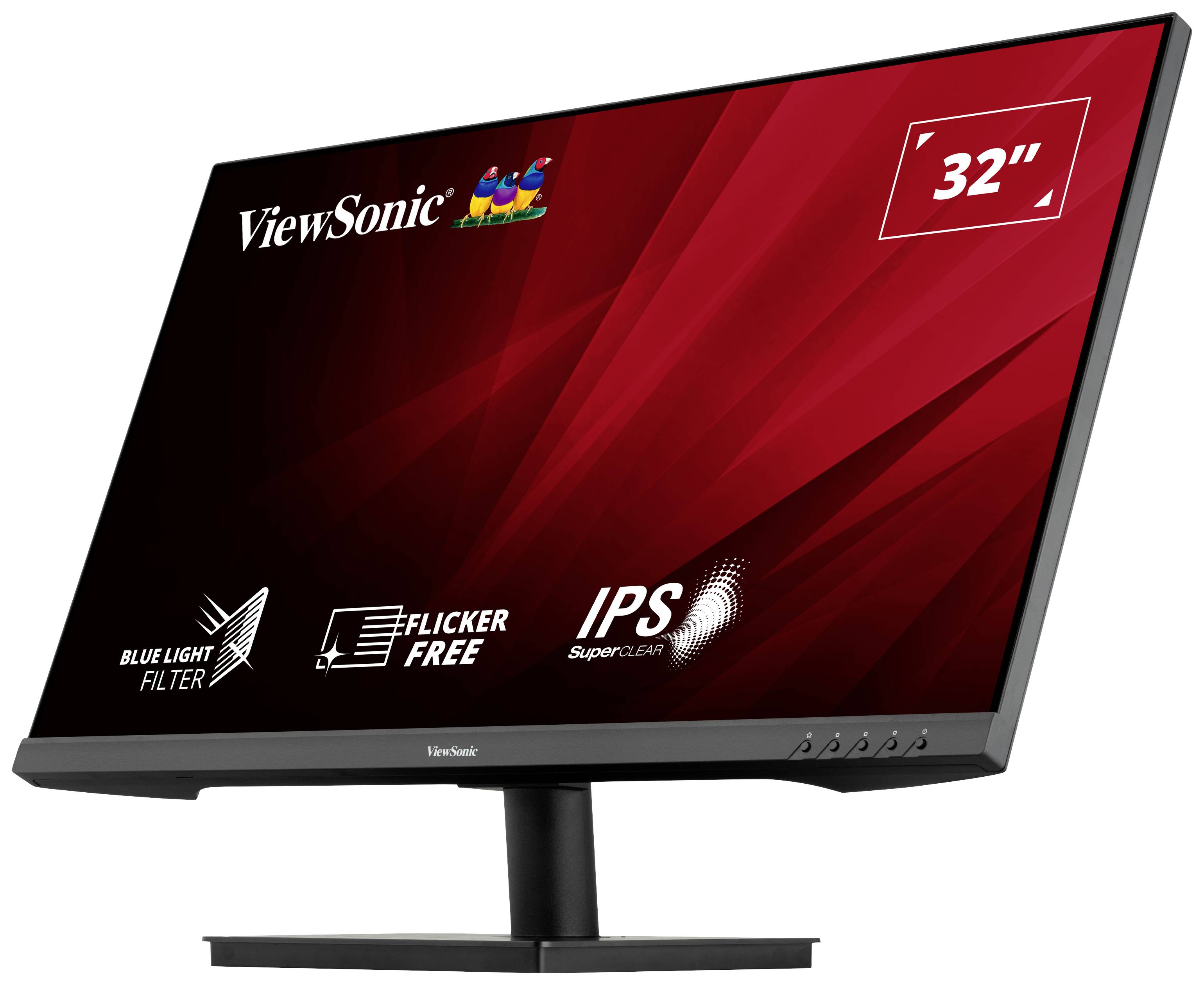 ViewSonic Monitor mit 32 Zoll Display, IPS-Technologie, flimmerfrei, mit Blaulichtfilter. Rotes Hintergrunddesign mit Logos.