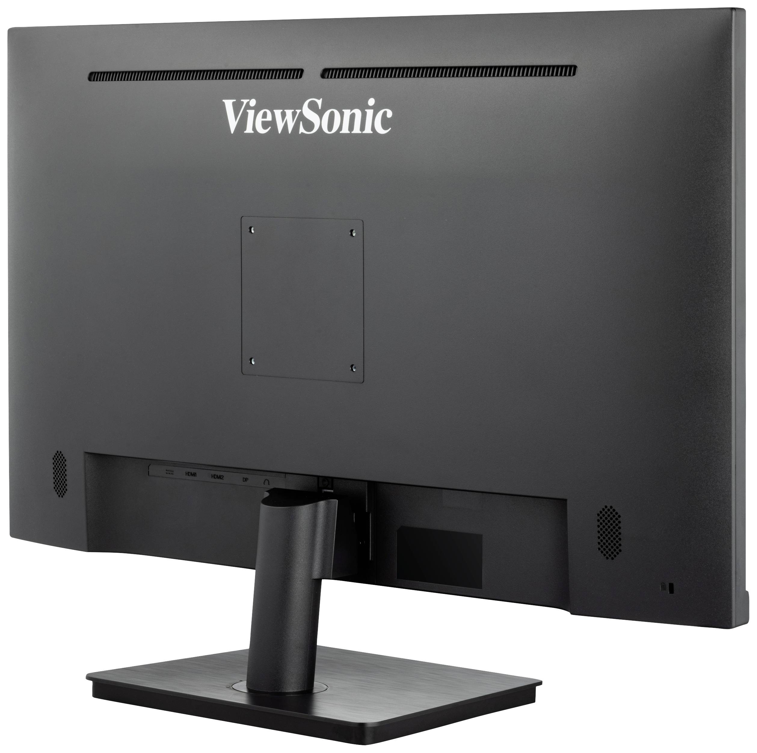 Ein schwarzer Computermonitor von hinten, Markenzeichen 'ViewSonic' oben. Monitor auf einem rechteckigen Standfuß montiert.