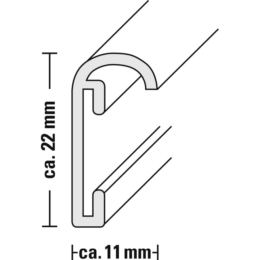 Querschnitt eines Profils: U-förmiger Kanal mit seitlichen Abmessungen ca. 22 mm Höhe und ca. 11 mm Breite.