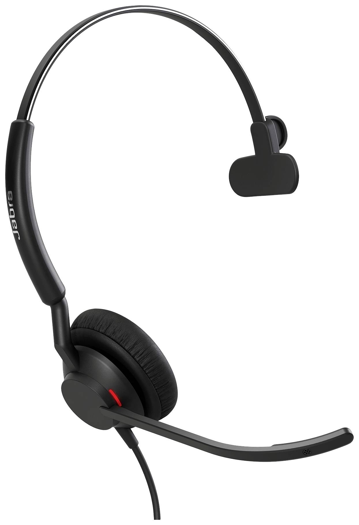 Schwarzes einohriges Headset mit Mikrofonarm, geeignet für Büro- und Callcenter-Nutzung.