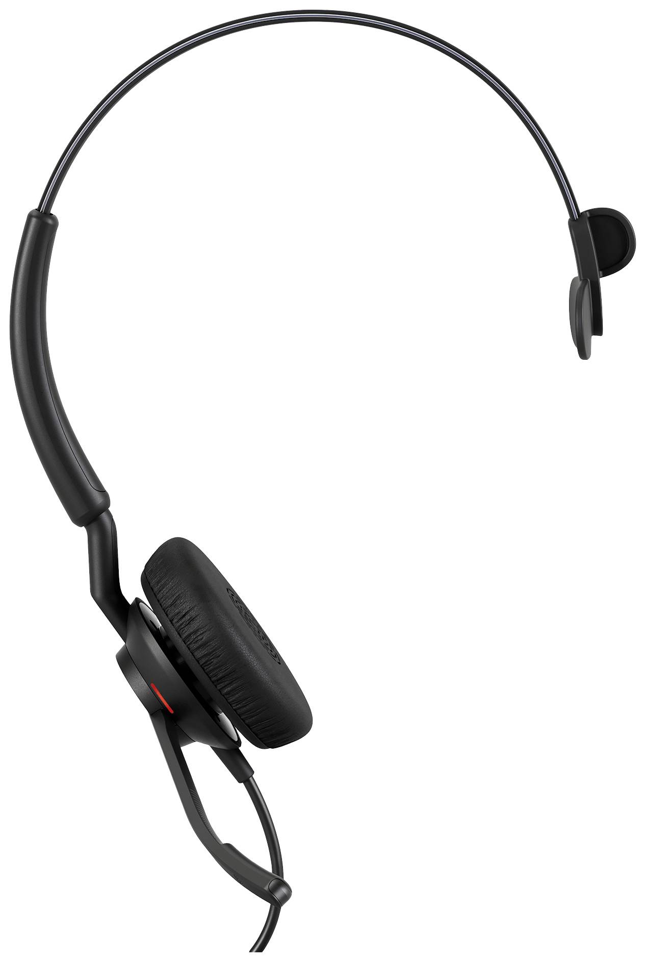 Ein schwarzes Headset mit einem Ohrpolster und einem verstellbaren Mikrofonarm. Ideal für Anrufe oder Online-Meetings.