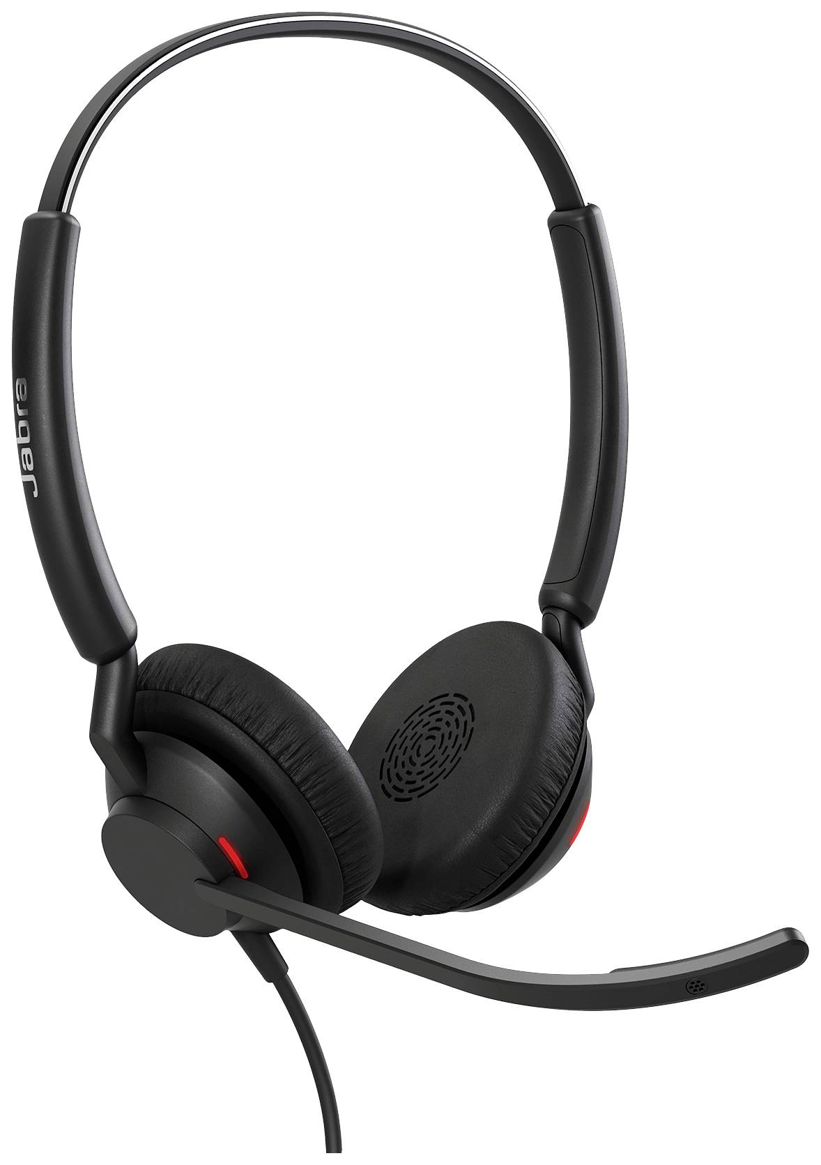 Schwarzes Headset mit Mikrofonarm, rot hervorgehobenem Lautsprecherbereich und gepolsterten Ohrmuscheln.