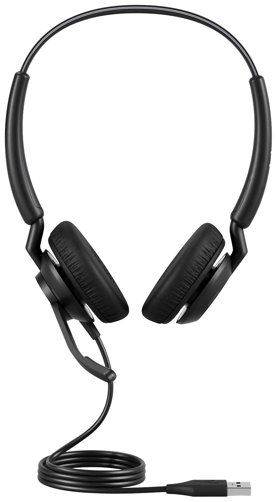 Ein schwarzer USB-Kopfhörer mit gepolsterten Ohrmuscheln und einem verstellbaren Bügel. Das Kabel endet in einem USB-Anschluss.